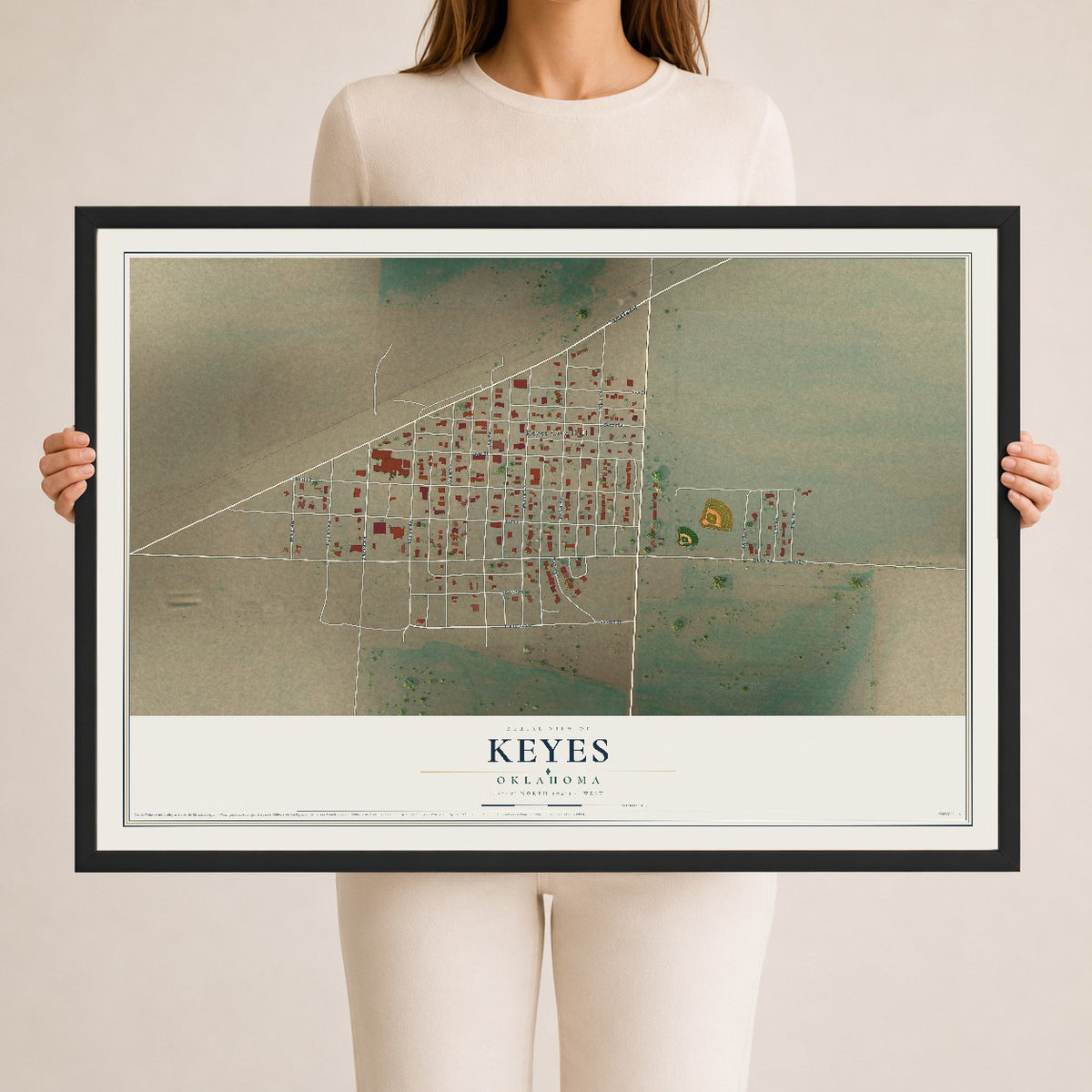 Map of Keyes, Oklahoma, 24 x 36 inch print in a black wood frame