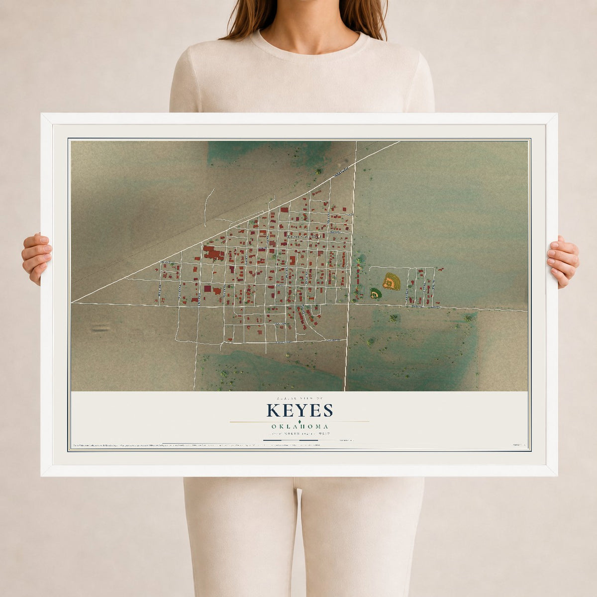 Map of Keyes, Oklahoma, 24 x 36 inch print in a white wood frame