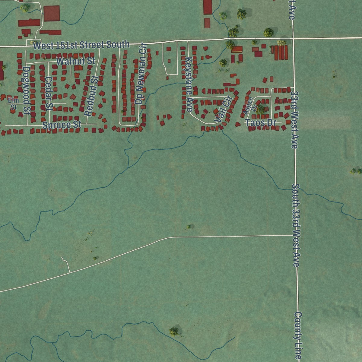 Second close-up of the map of Kiefer, Oklahoma print showing more streets and buildings