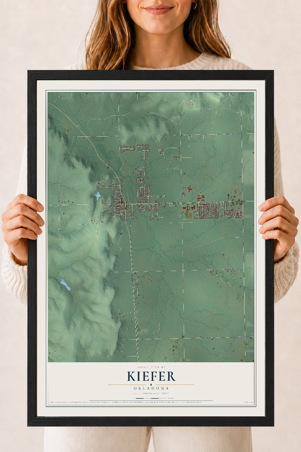 Map of Kiefer, Oklahoma, 18 x 24 inch print in a black wood frame