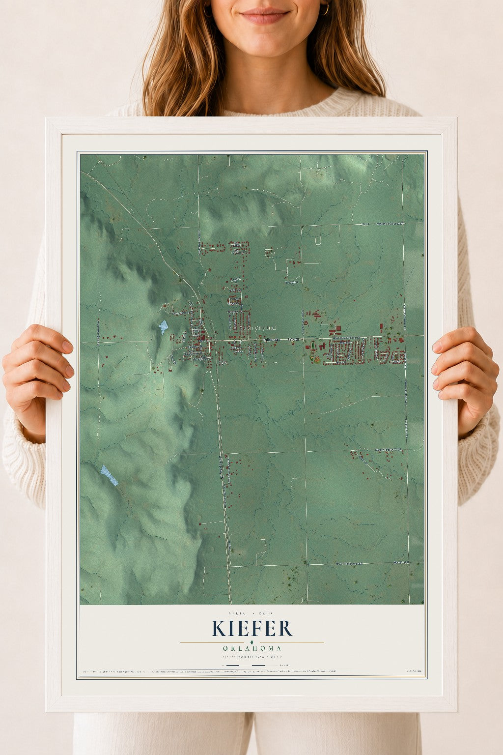 Map of Kiefer, Oklahoma, 18 x 24 inch print in a white wood frame