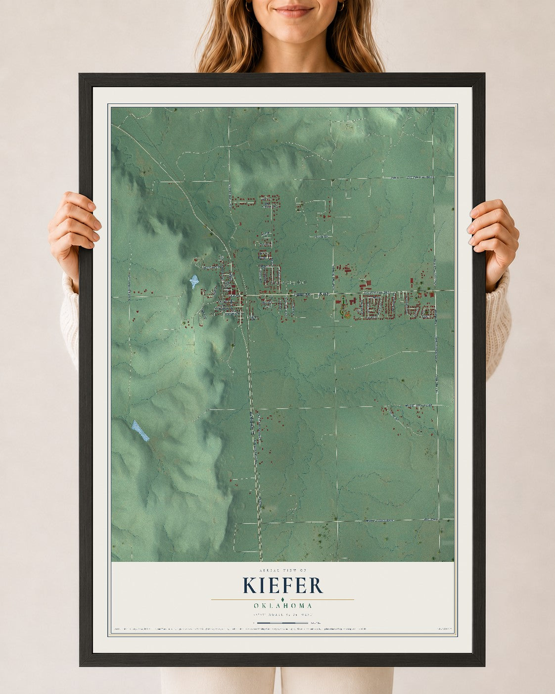 Map of Kiefer, Oklahoma, 24 x 36 inch print in a black wood frame