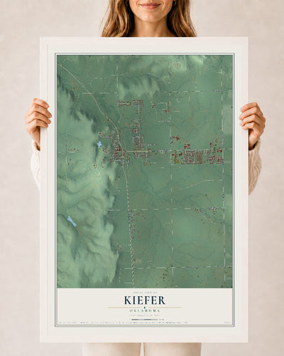 Map of Kiefer, Oklahoma, 24 x 36 inch print in a white wood frame