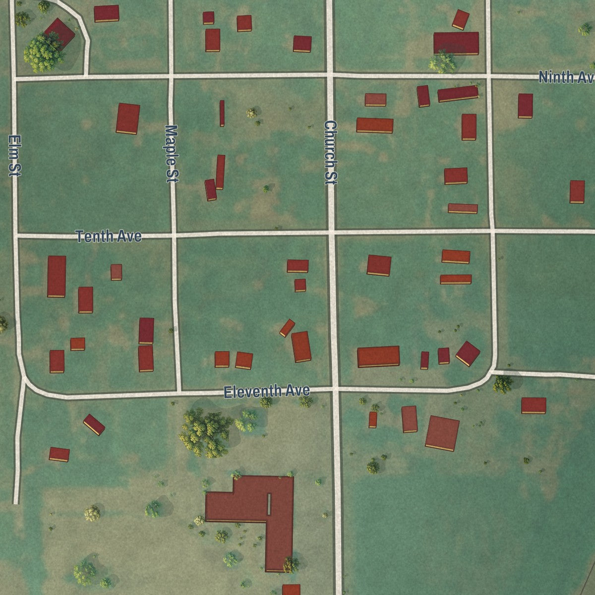 Close-up of the map of Kildare, Oklahoma print showing street and building detail