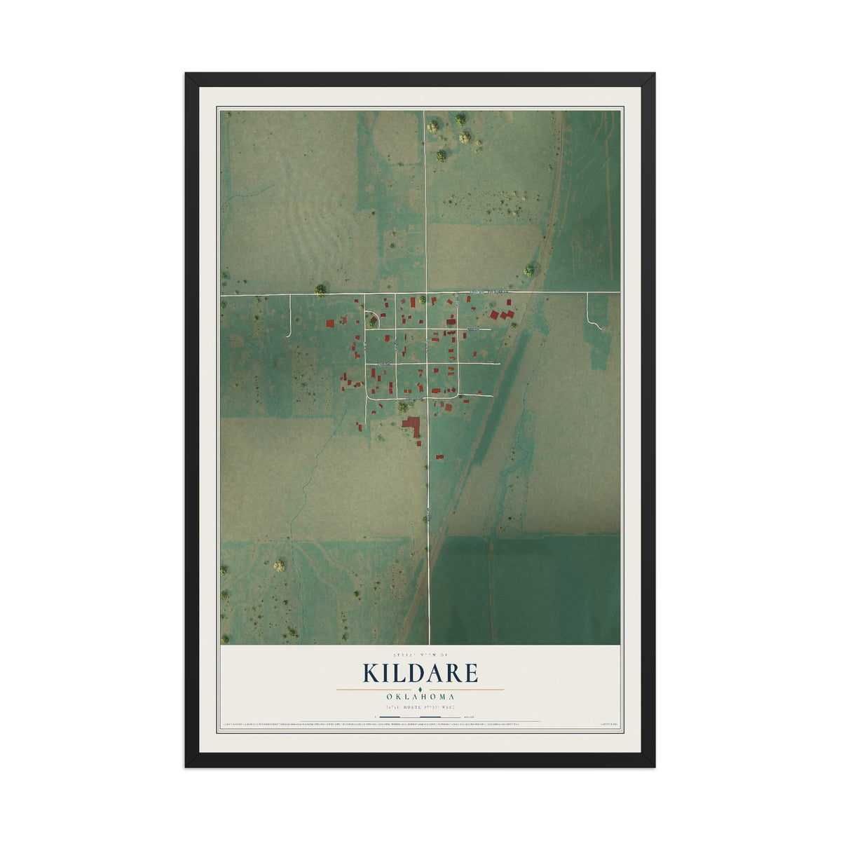 Map of Kildare, Oklahoma, 12 x 18 inch print in a black wood frame