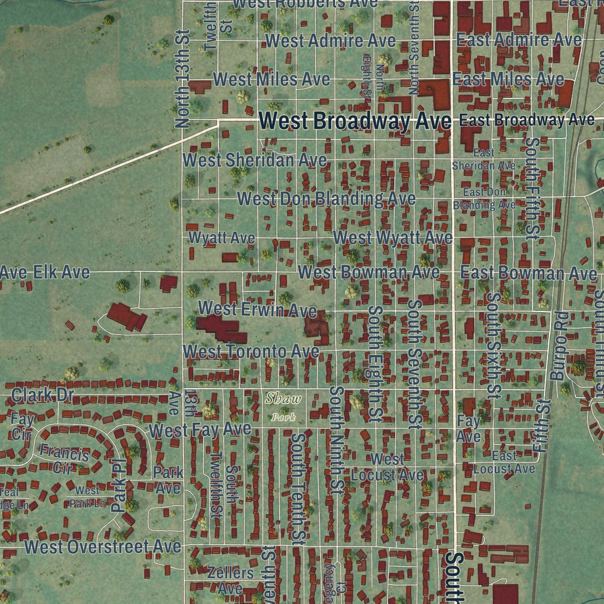 Close-up of the map of Kingfisher, Oklahoma print showing street and building detail