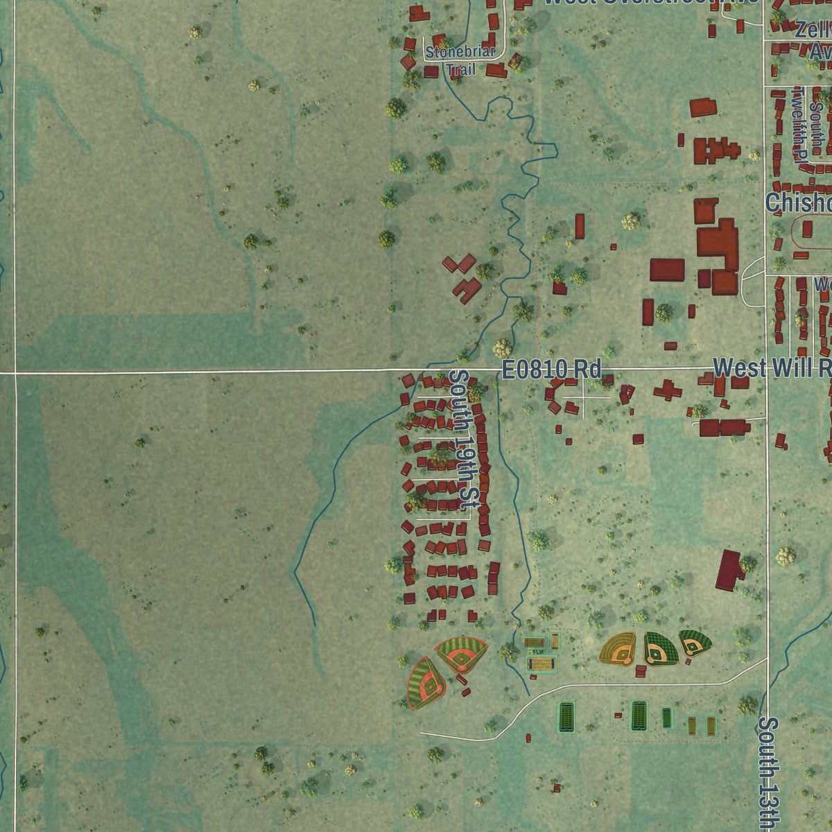 Second close-up of the map of Kingfisher, Oklahoma print showing more streets and buildings