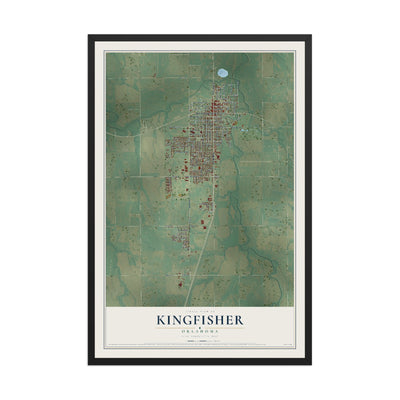 Map of Kingfisher, Oklahoma, 12 x 18 inch print in a black wood frame