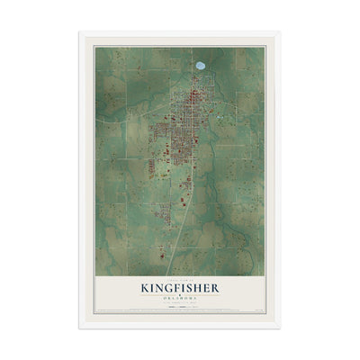 Map of Kingfisher, Oklahoma, 12 x 18 inch print in a white wood frame