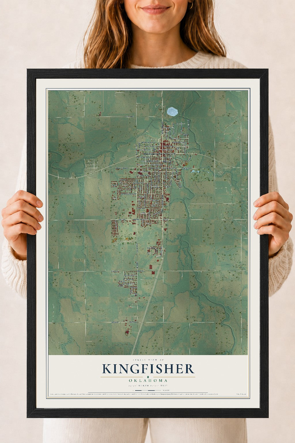 Map of Kingfisher, Oklahoma, 18 x 24 inch print in a black wood frame