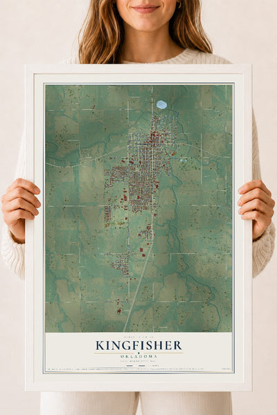 Map of Kingfisher, Oklahoma, 18 x 24 inch print in a white wood frame
