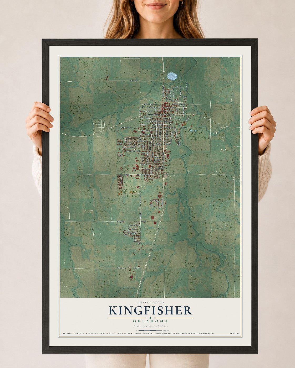 Map of Kingfisher, Oklahoma, 24 x 36 inch print in a black wood frame