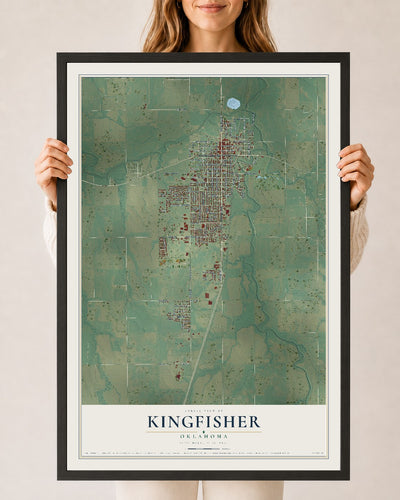 Map of Kingfisher, Oklahoma, 24 x 36 inch print in a black wood frame