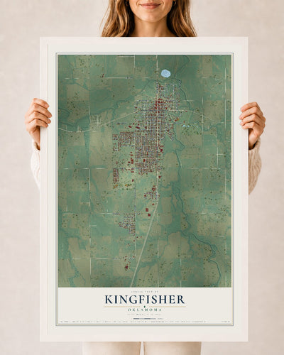 Map of Kingfisher, Oklahoma, 24 x 36 inch print in a white wood frame