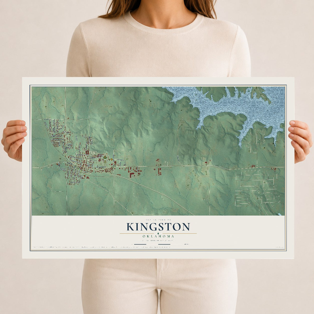 Map of Kingston, Oklahoma, 12 x 18 inch unframed archival matte print