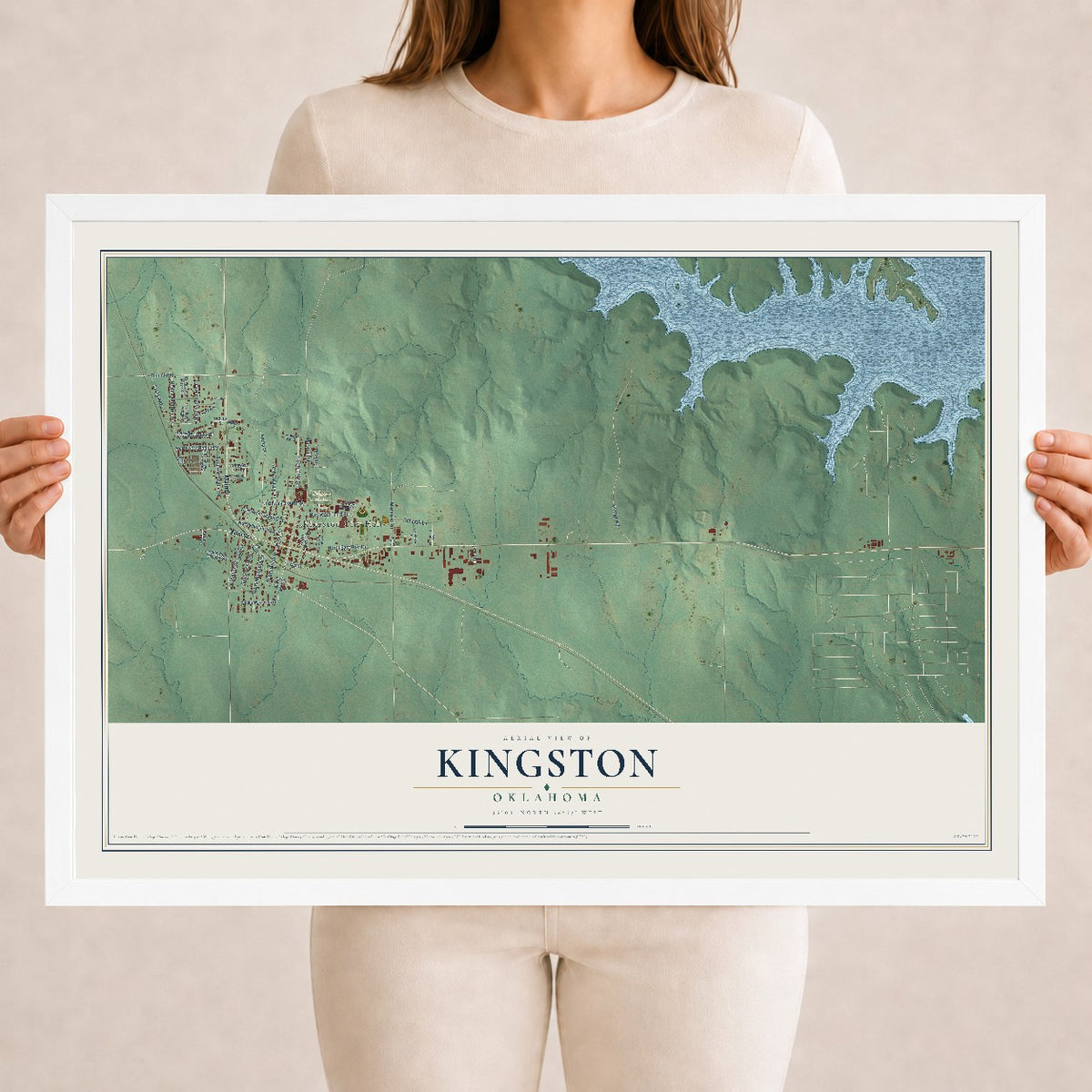 Map of Kingston, Oklahoma, 18 x 24 inch print in a white wood frame