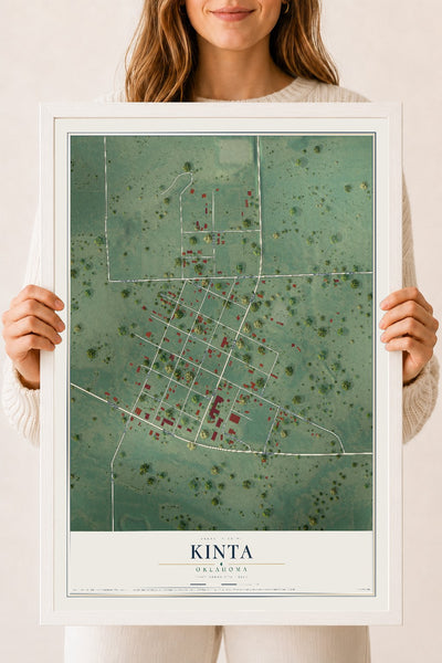 Map of Kinta, Oklahoma, 18 x 24 inch print in a white wood frame