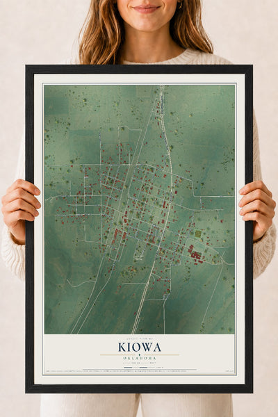 Map of Kiowa, Oklahoma, 18 x 24 inch print in a black wood frame