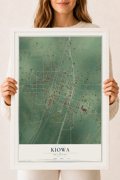 Map of Kiowa, Oklahoma, 18 x 24 inch print in a white wood frame