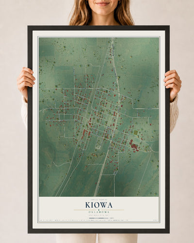 Map of Kiowa, Oklahoma, 24 x 36 inch print in a black wood frame