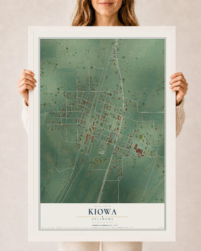 Map of Kiowa, Oklahoma, 24 x 36 inch print in a white wood frame