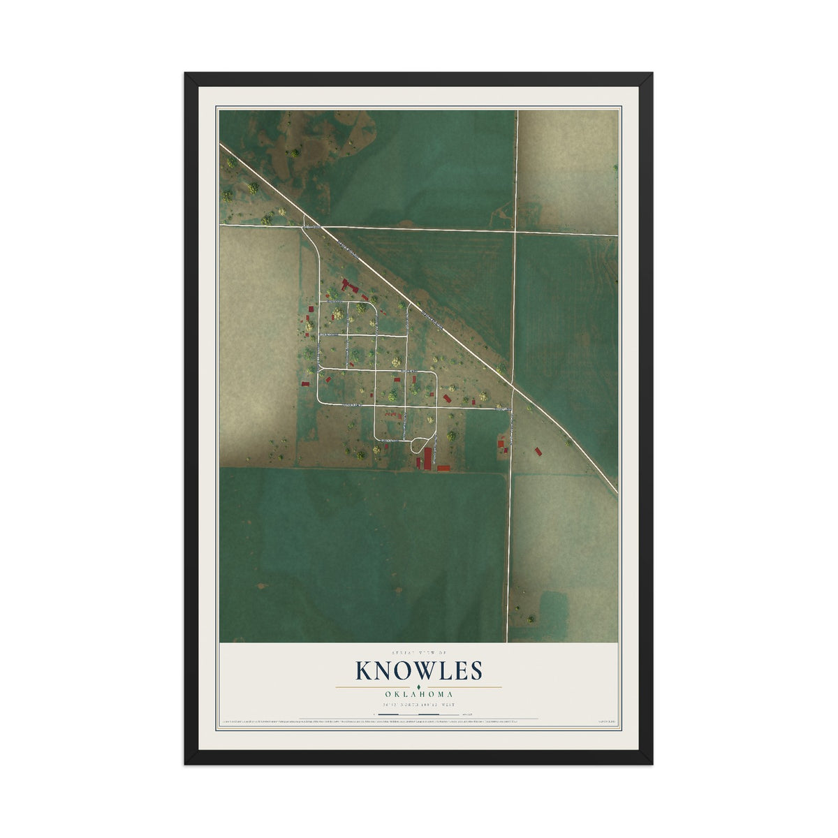 Map of Knowles, Oklahoma, 12 x 18 inch print in a black wood frame