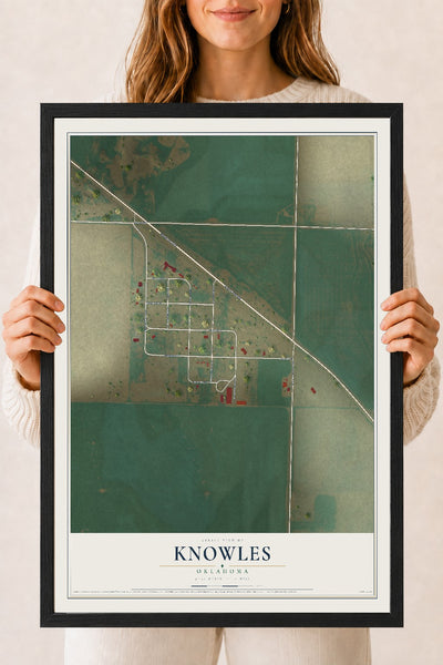 Map of Knowles, Oklahoma, 18 x 24 inch print in a black wood frame