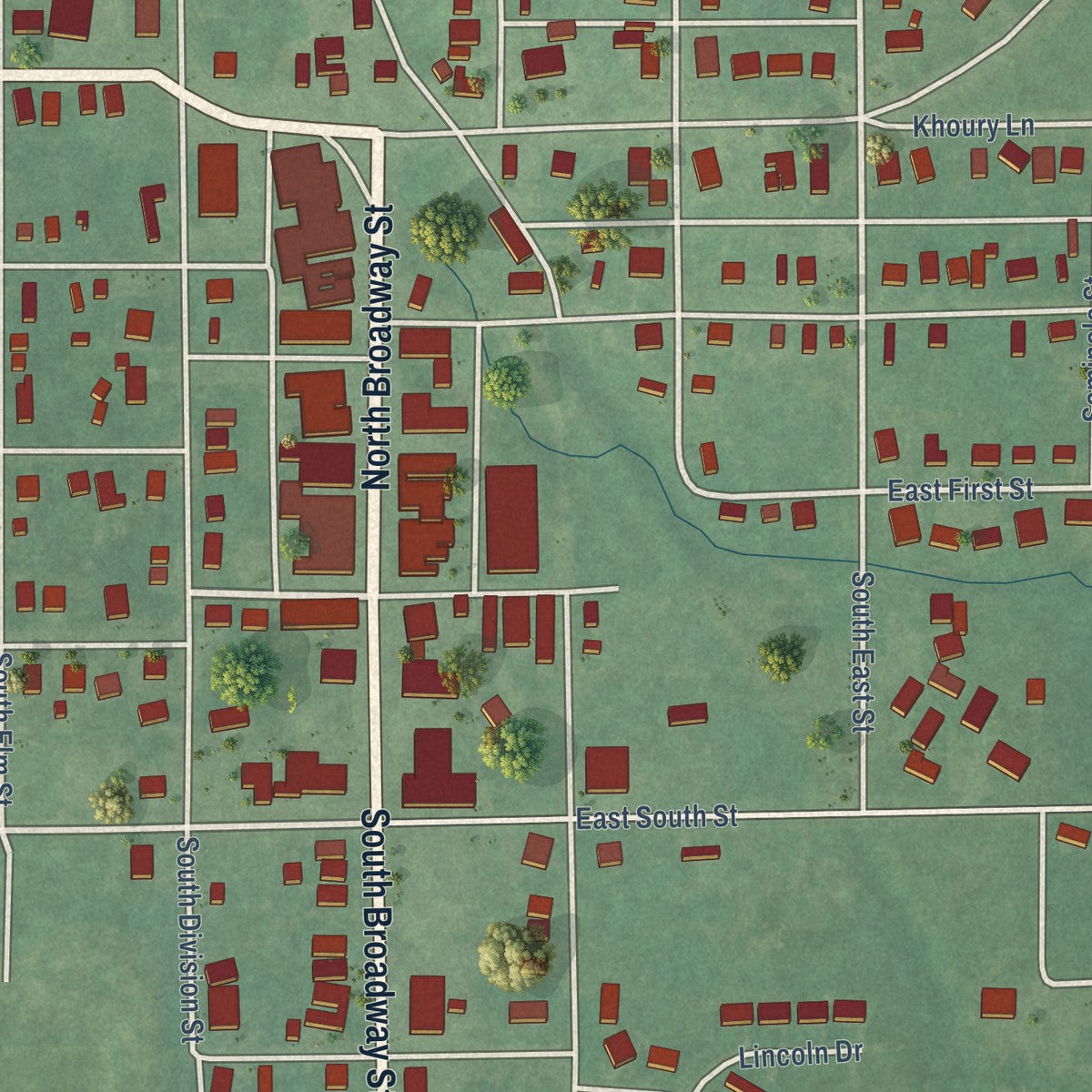 Close-up of the map of Konawa, Oklahoma print showing street and building detail
