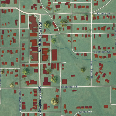 Close-up of the map of Konawa, Oklahoma print showing street and building detail