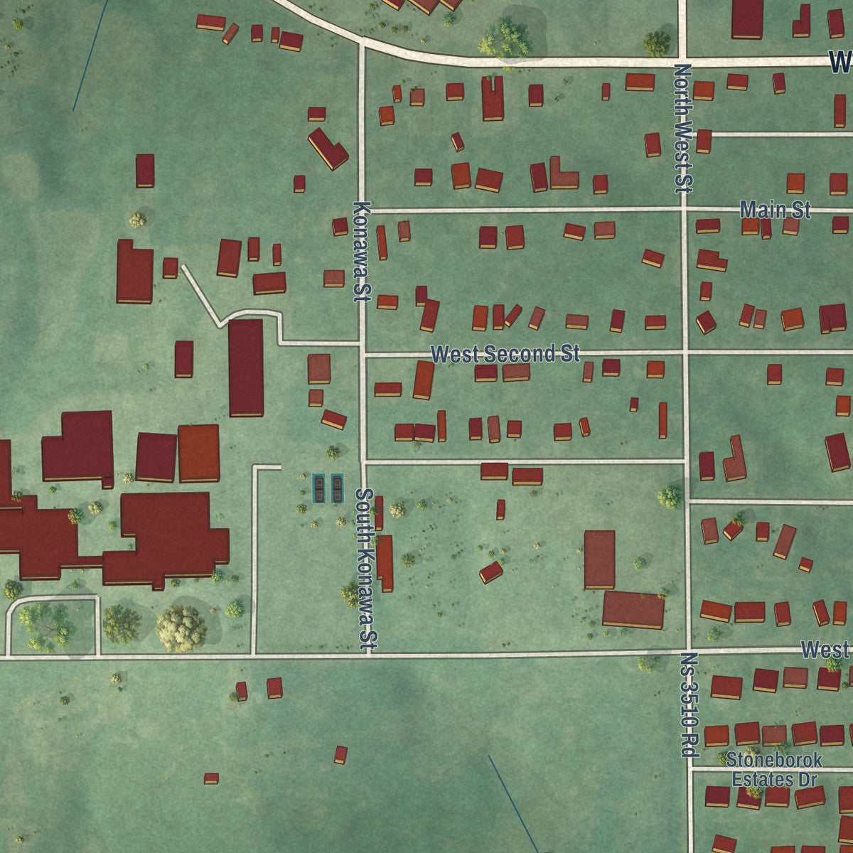 Second close-up of the map of Konawa, Oklahoma print showing more streets and buildings