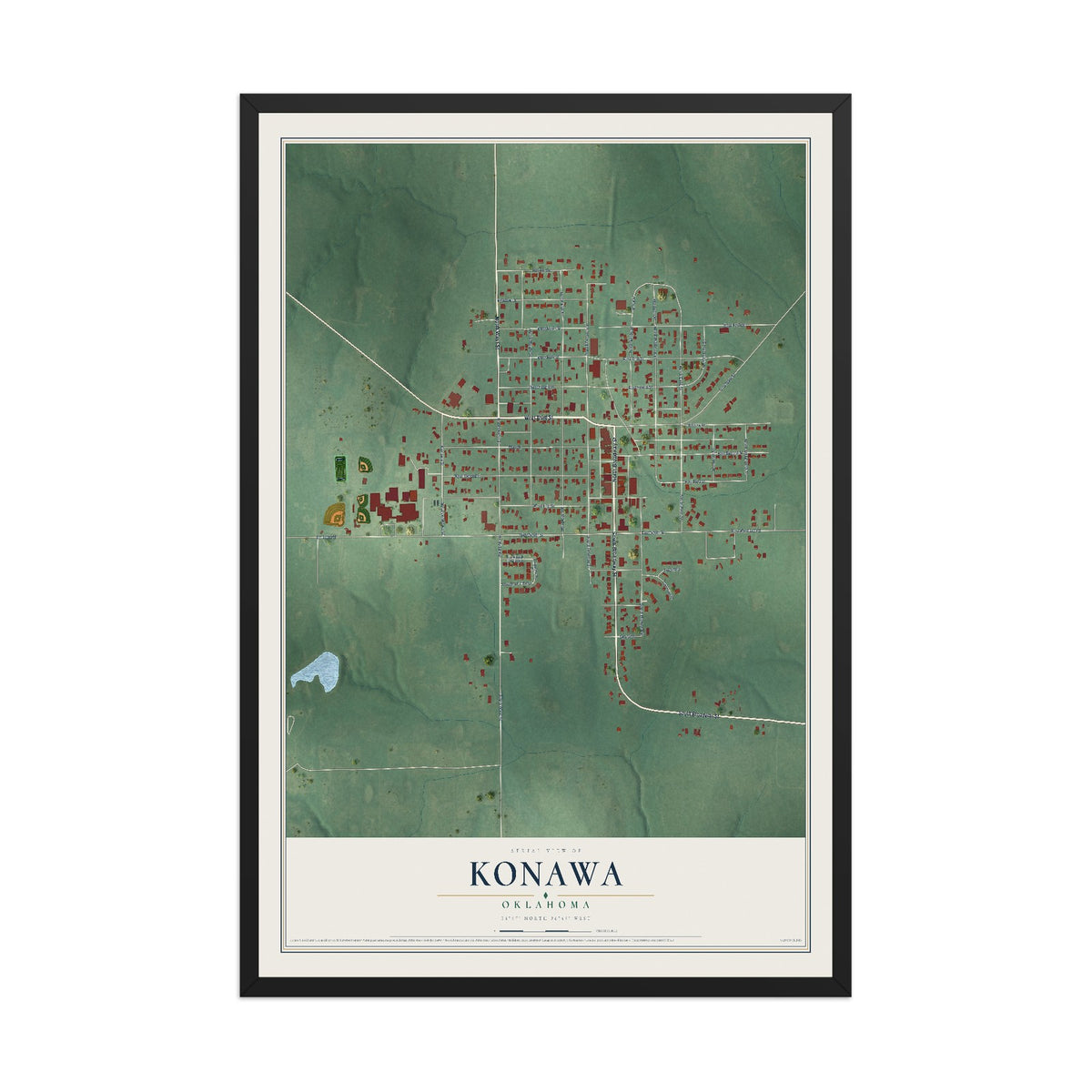Map of Konawa, Oklahoma, 12 x 18 inch print in a black wood frame