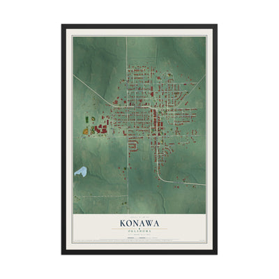 Map of Konawa, Oklahoma, 12 x 18 inch print in a black wood frame