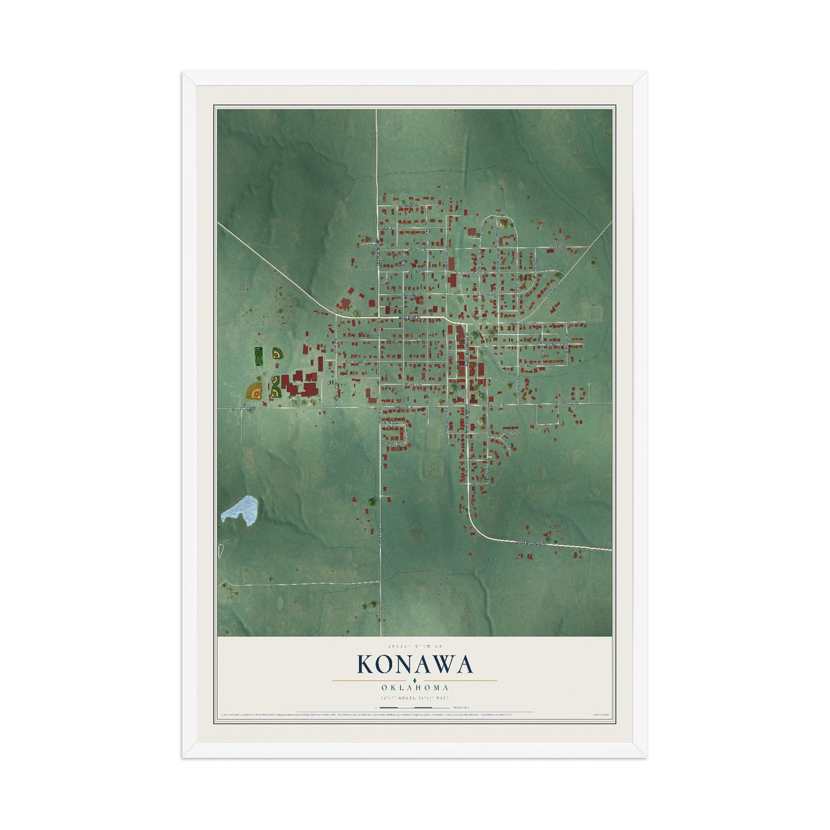 Map of Konawa, Oklahoma, 12 x 18 inch print in a white wood frame