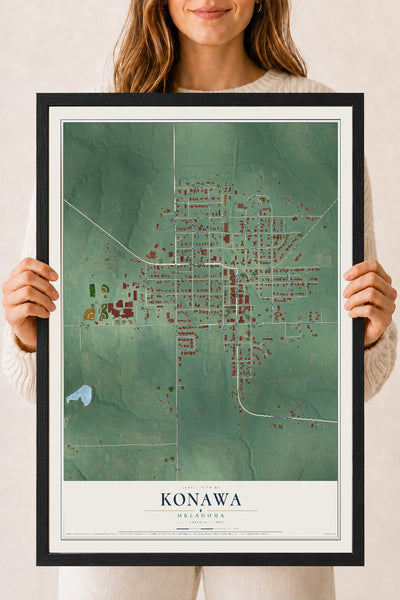 Map of Konawa, Oklahoma, 18 x 24 inch print in a black wood frame