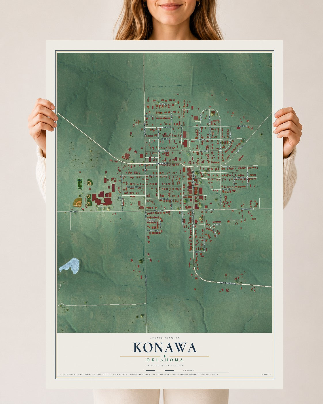 Map of Konawa, Oklahoma, 24 x 36 inch unframed archival matte print