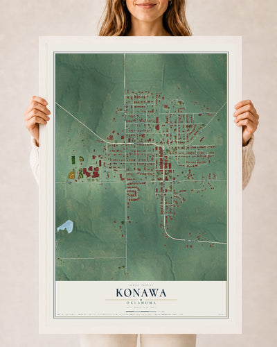 Map of Konawa, Oklahoma, 24 x 36 inch print in a white wood frame