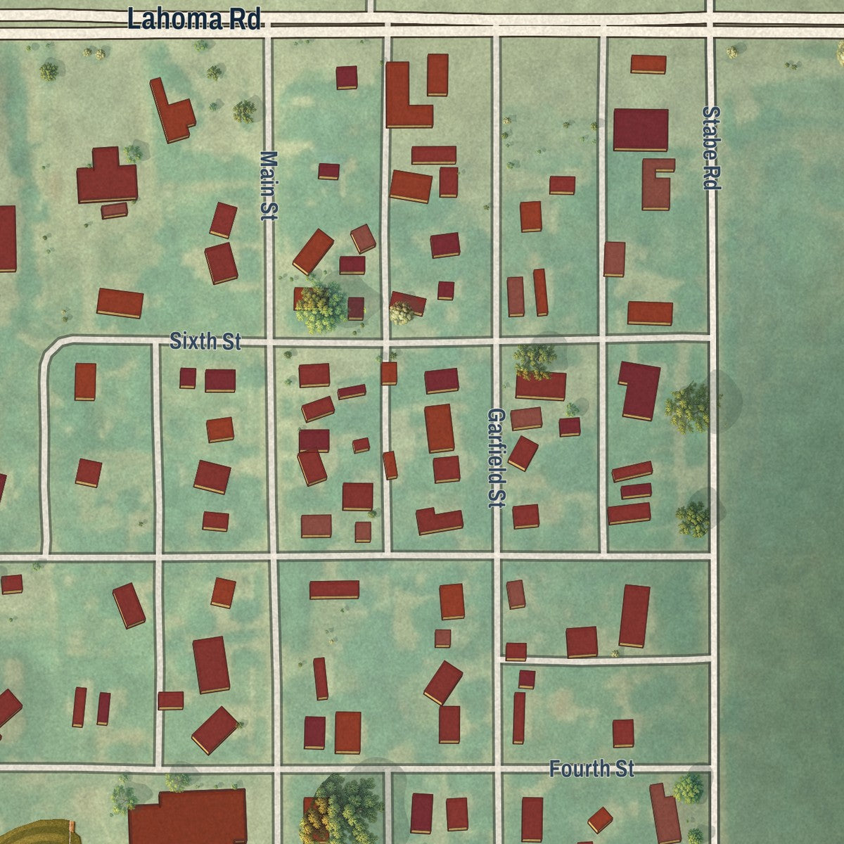 Close-up of the map of Lahoma, Oklahoma print showing street and building detail
