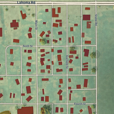 Close-up of the map of Lahoma, Oklahoma print showing street and building detail