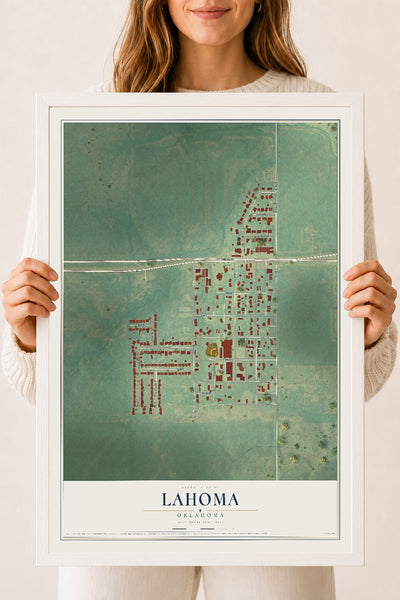 Map of Lahoma, Oklahoma, 18 x 24 inch print in a white wood frame