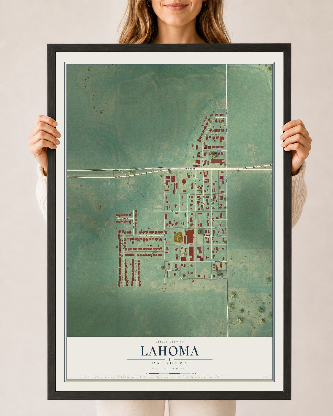 Map of Lahoma, Oklahoma, 24 x 36 inch print in a black wood frame