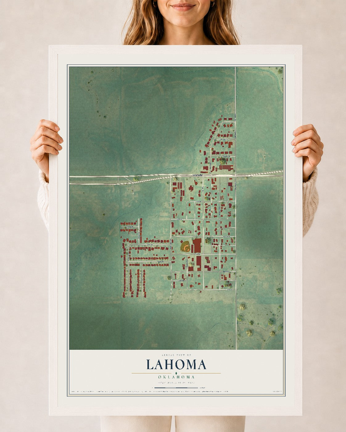 Map of Lahoma, Oklahoma, 24 x 36 inch print in a white wood frame