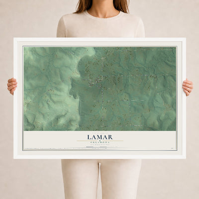 Map of Lamar, Oklahoma, 24 x 36 inch print in a white wood frame
