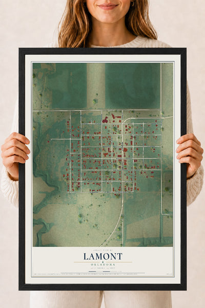 Map of Lamont, Oklahoma, 18 x 24 inch print in a black wood frame