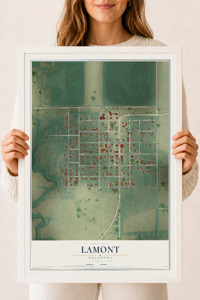 Map of Lamont, Oklahoma, 18 x 24 inch print in a white wood frame