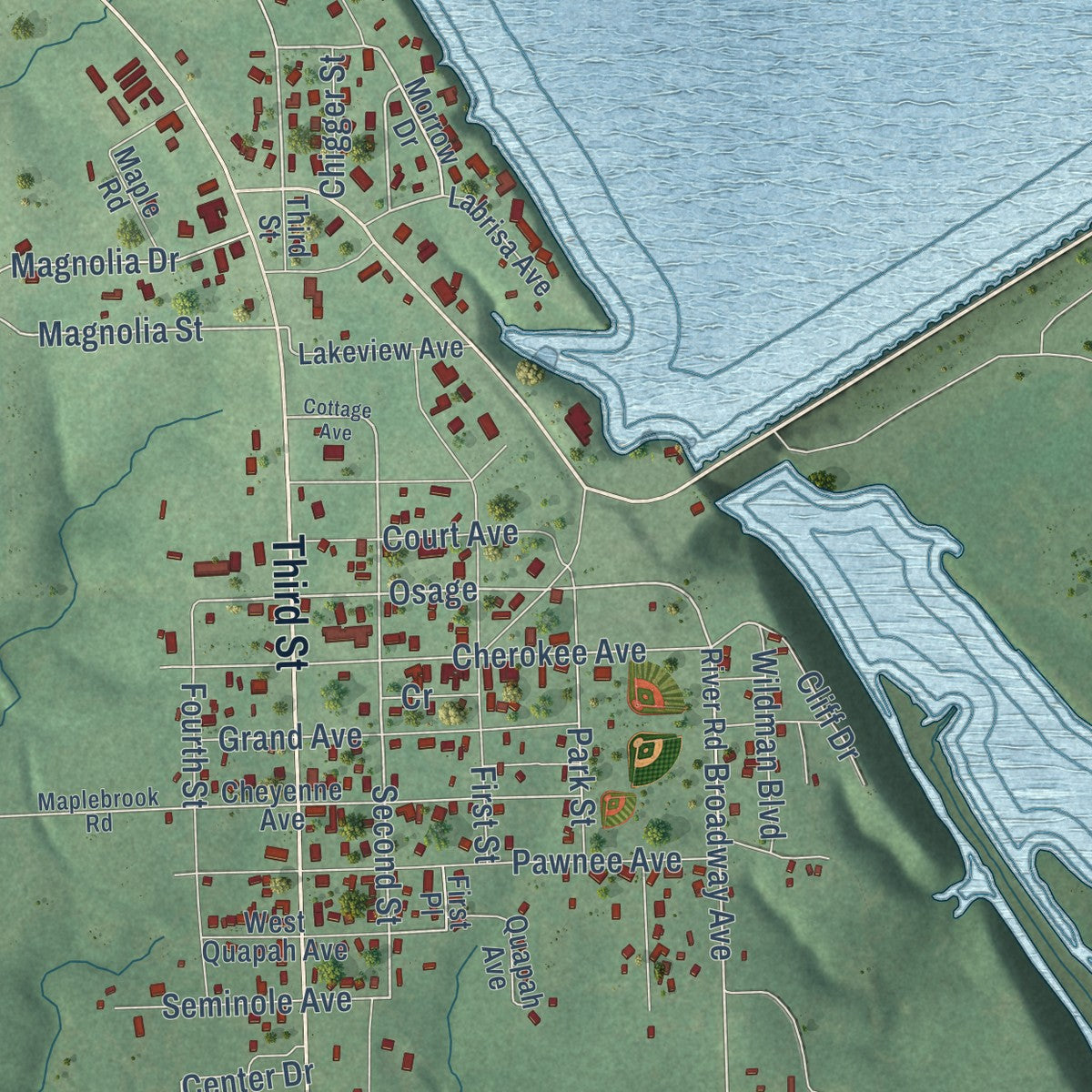 Close-up of the map of Langley, Oklahoma print showing street and building detail