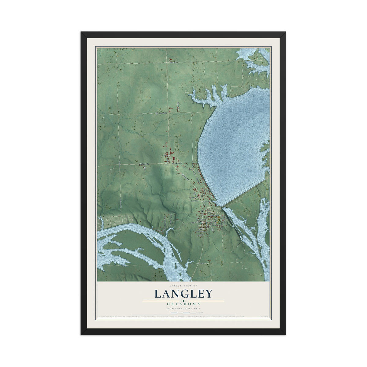 Map of Langley, Oklahoma, 12 x 18 inch print in a black wood frame