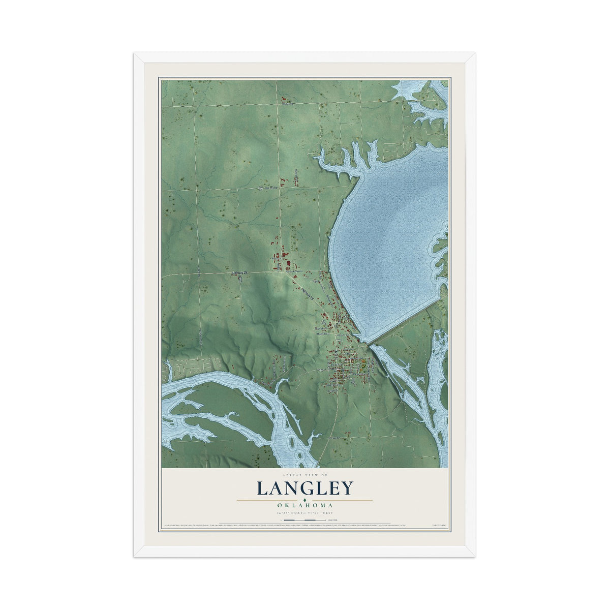 Map of Langley, Oklahoma, 12 x 18 inch print in a white wood frame