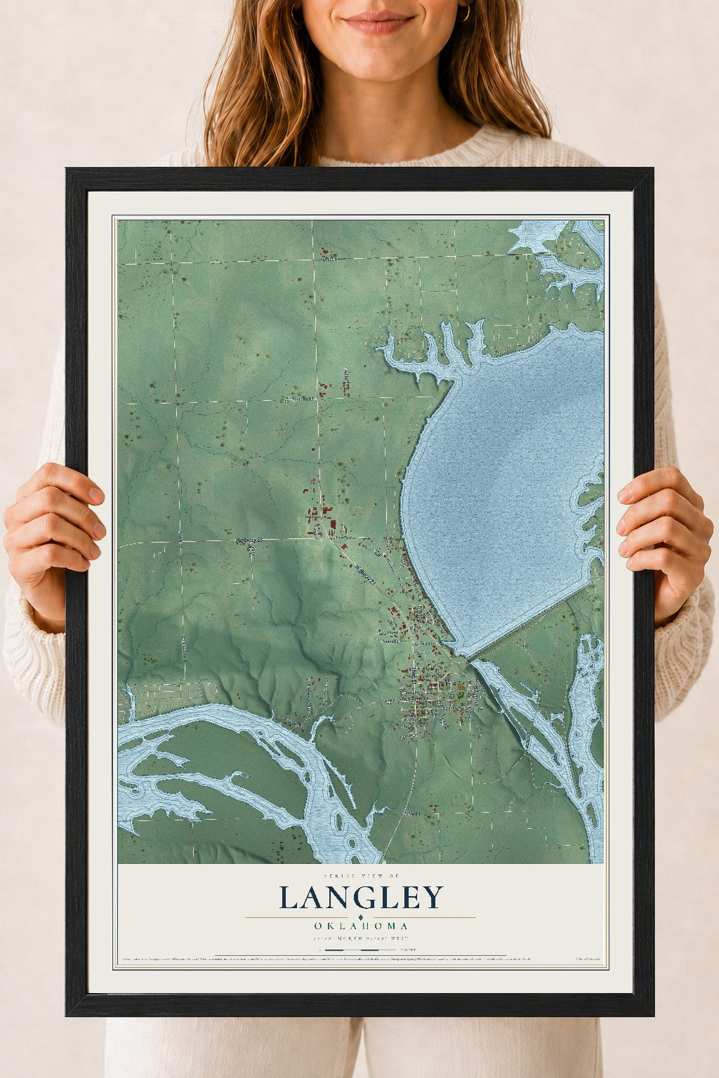 Map of Langley, Oklahoma, 18 x 24 inch print in a black wood frame