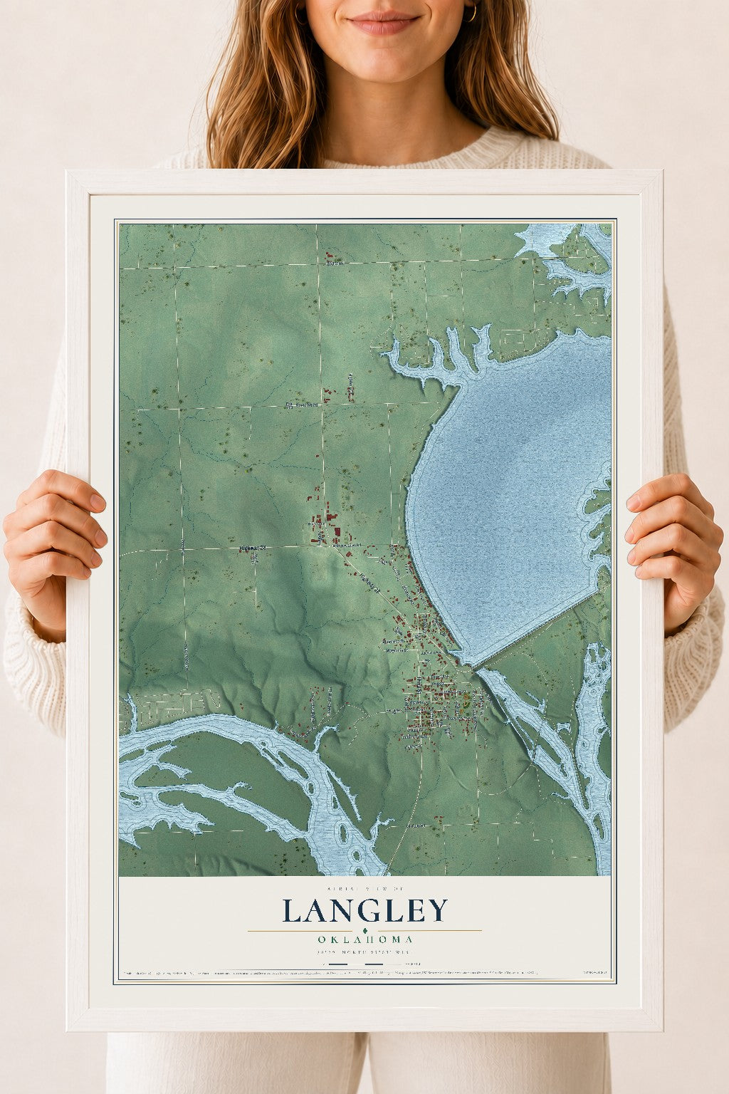 Map of Langley, Oklahoma, 18 x 24 inch print in a white wood frame