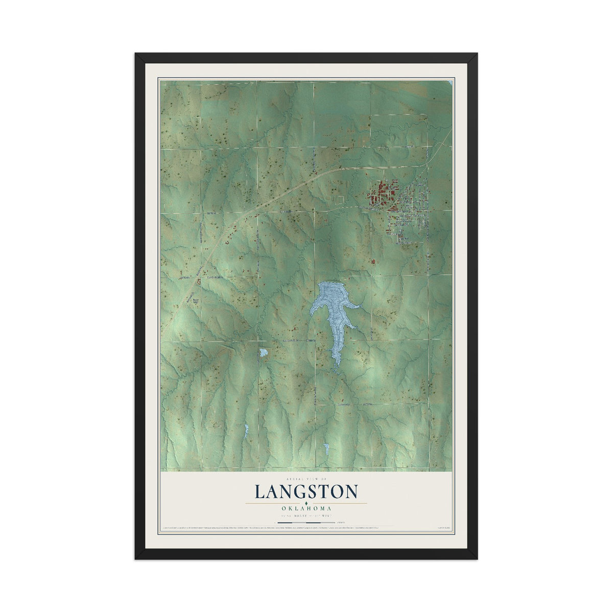 Map of Langston, Oklahoma, 12 x 18 inch print in a black wood frame